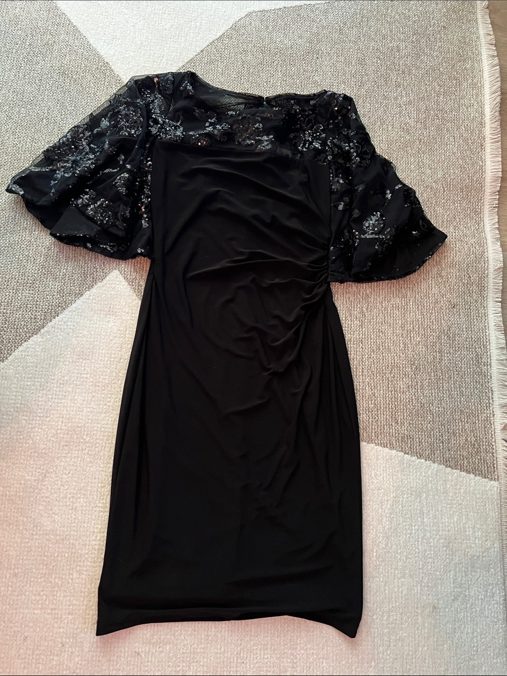 Ralph Lauren Black Midi Dress with Sequin Flutter Sleeves